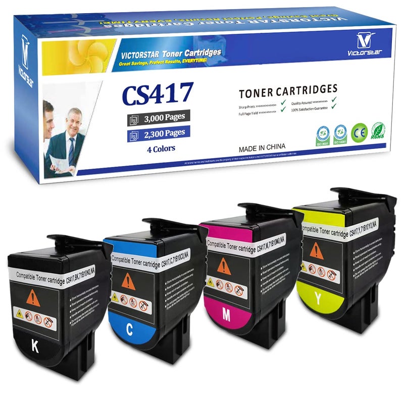 VICTORSTAR 4 Colors Compatible Toner Cartridges CS317 CX317 CS417 CX417 CS517 CX517 Standard Capacity 3000 Pages BK, 2300 Pages CMY for Lexmark Printer CS317dn CX317dn CS417dn CX417de CS517de CX517de - Image 1
